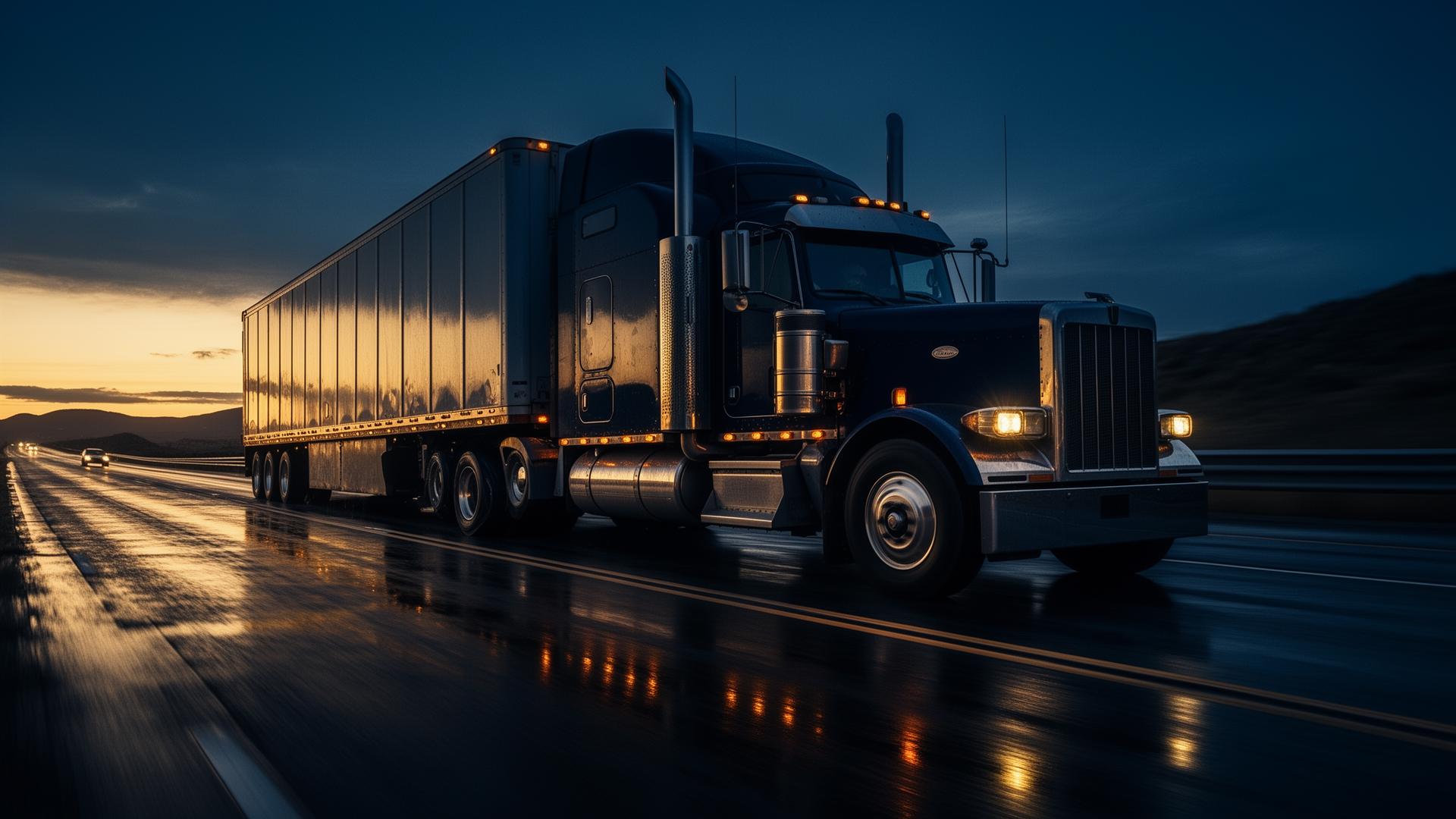 Semi-truck on a wet American highway at dusk